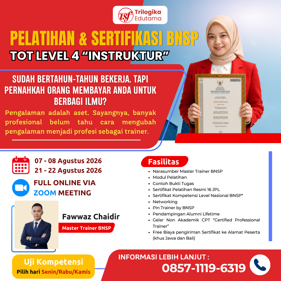 PROMO KEMERDEKAAN!!! DIKLAT DAN SERTIFIKASI TRAINING OF TRAINER BNSP LEVEL 4 "INSTRUKTUR" FULL ONLINE AGUSTUS 2026